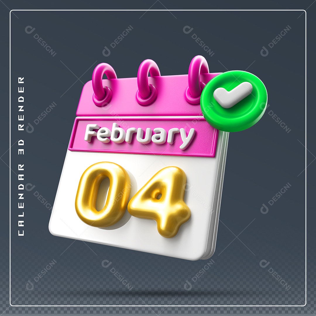 Calendário Do mês Fevereiro Dia 04 Elemento 3D Rosa Dourado E Branco Para Composição PSD