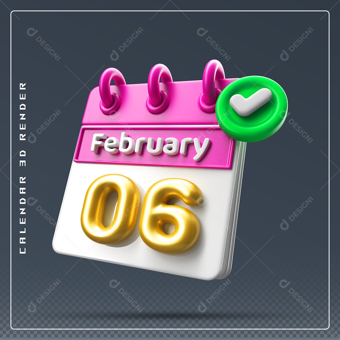 Calendário Do mês Fevereiro Dia 06 Elemento 3D Rosa Dourado E Branco Para Composição PSD
