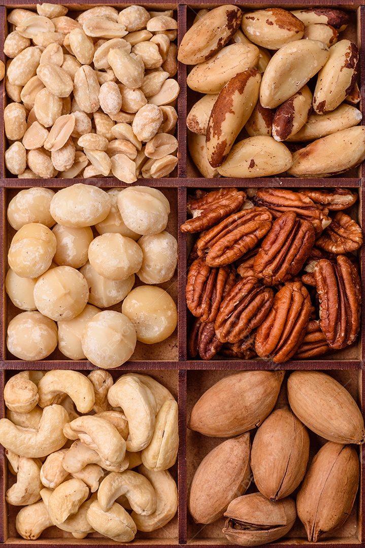 Imagem mostra uma variedade de oleaginosas, comumente chamadas de castanhas e nozes, em uma caixa dividida em compartimentos.
