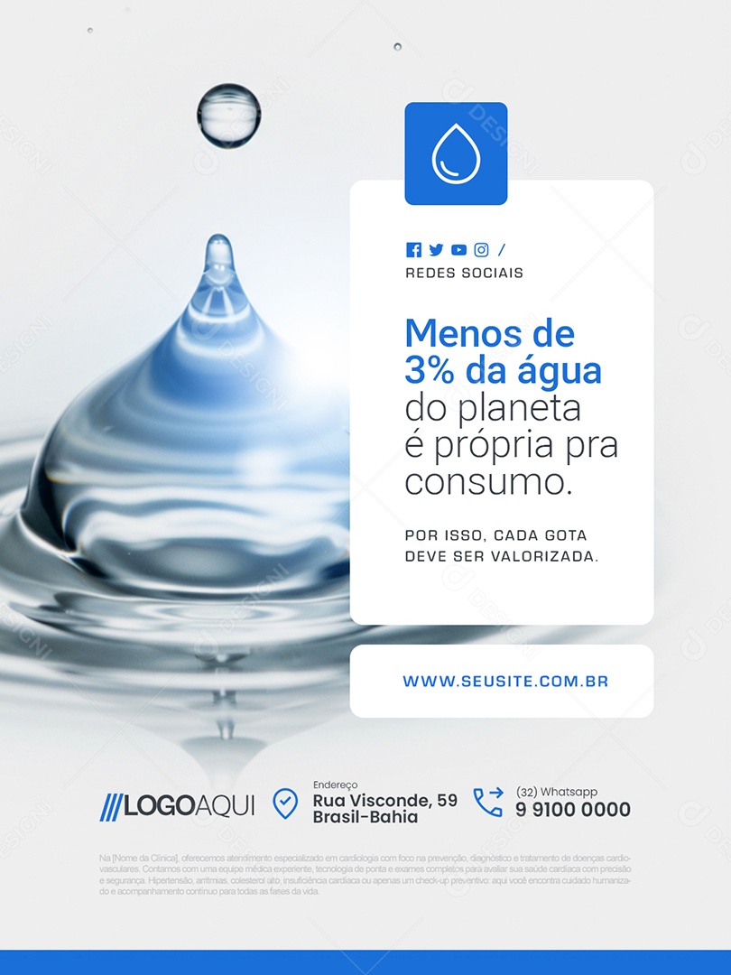 Conscientização Sobre a Água Menos de 3% de Água do Planeta Social Media PSD Editável