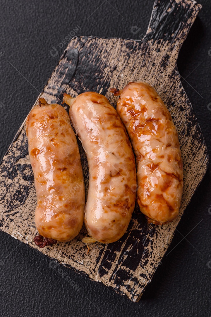 A imagem mostra salsichas grelhadas, possivelmente do tipo bratwurst, que são salsichas alemãs