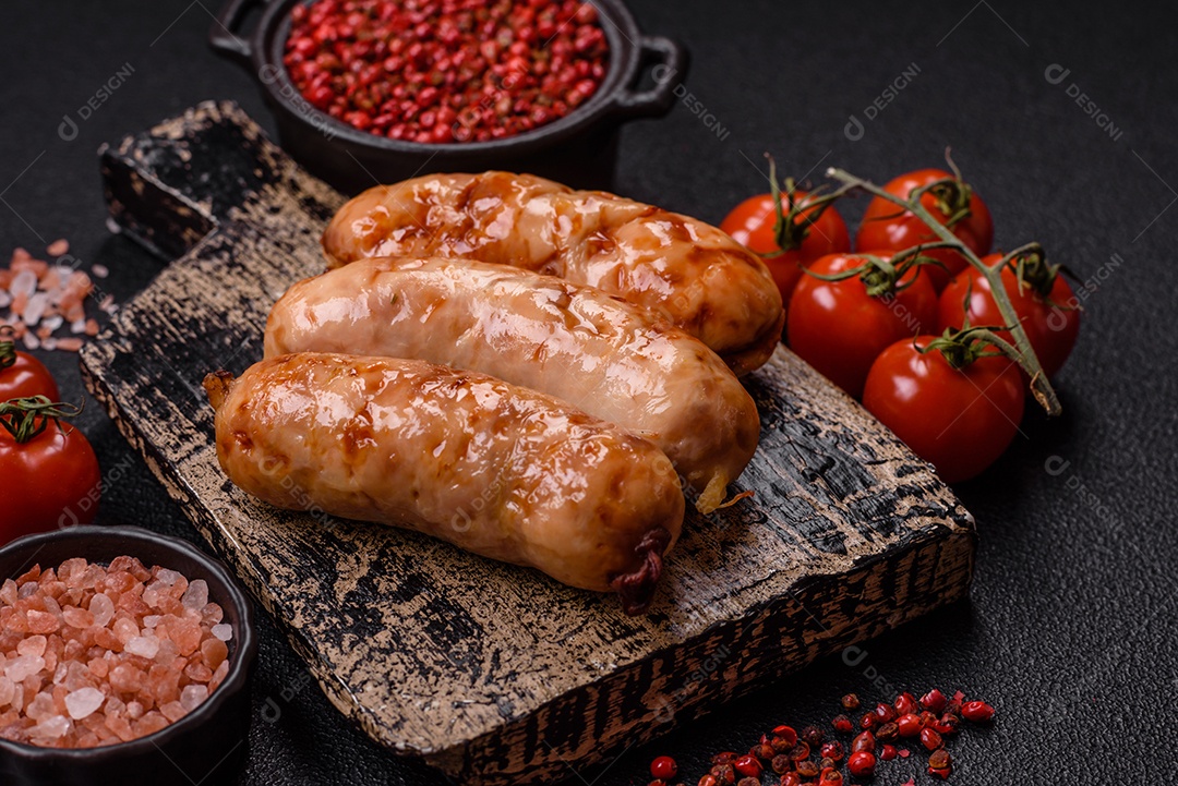 A imagem mostra salsichas grelhadas, possivelmente do tipo bratwurst, que são salsichas alemãs