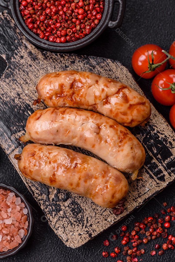 A imagem mostra salsichas grelhadas, possivelmente do tipo bratwurst, que são salsichas alemãs