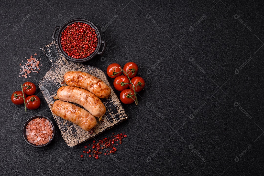 A imagem mostra salsichas grelhadas, possivelmente do tipo bratwurst, que são salsichas alemãs