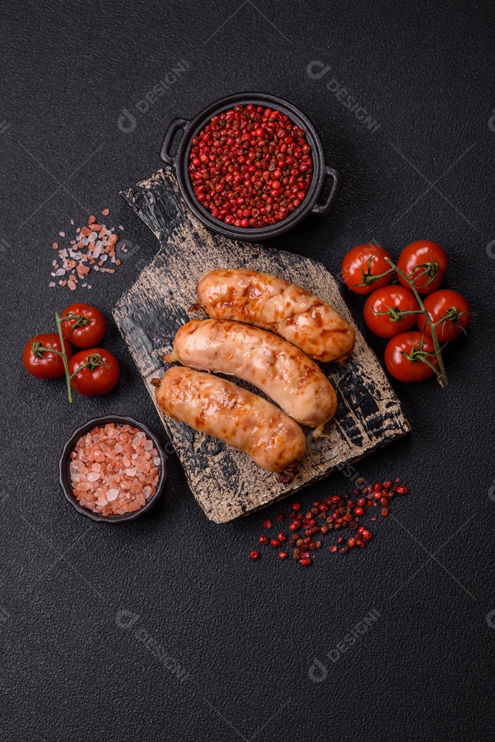 A imagem mostra salsichas grelhadas, possivelmente do tipo bratwurst, que são salsichas alemãs