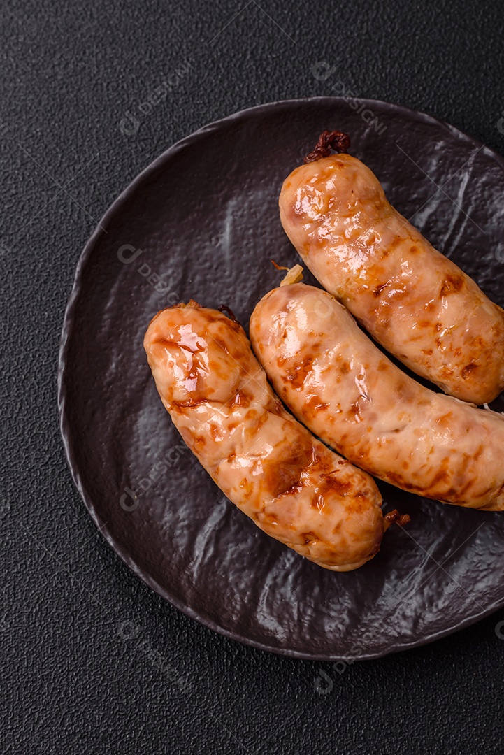 A imagem mostra salsichas grelhadas, possivelmente do tipo bratwurst, que são salsichas alemãs