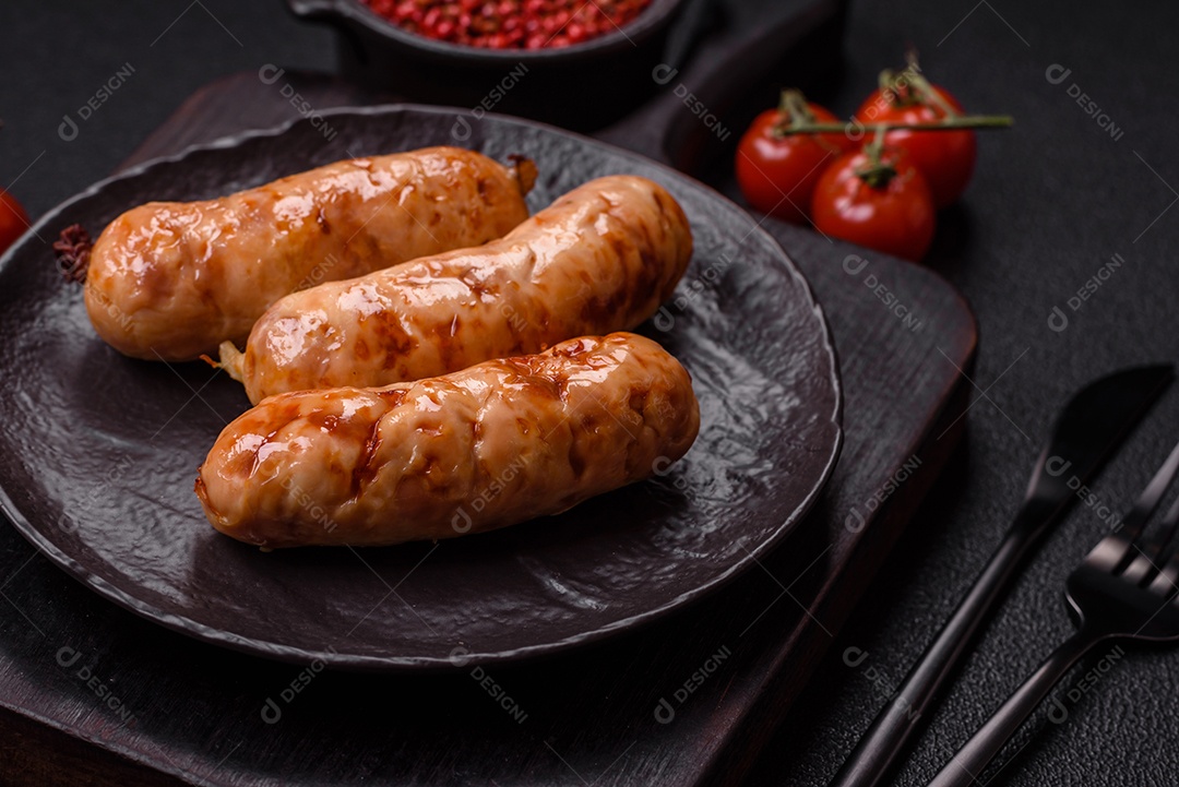 A imagem mostra salsichas grelhadas, possivelmente do tipo bratwurst, que são salsichas alemãs