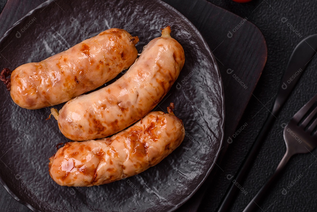 A imagem mostra salsichas grelhadas, possivelmente do tipo bratwurst, que são salsichas alemãs