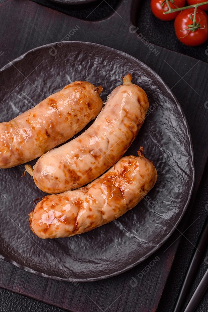 A imagem mostra salsichas grelhadas, possivelmente do tipo bratwurst, que são salsichas alemãs