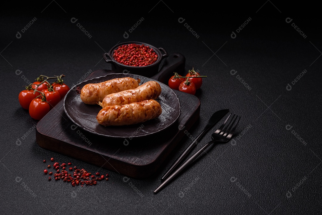 A imagem mostra salsichas grelhadas, possivelmente do tipo bratwurst, que são salsichas alemãs