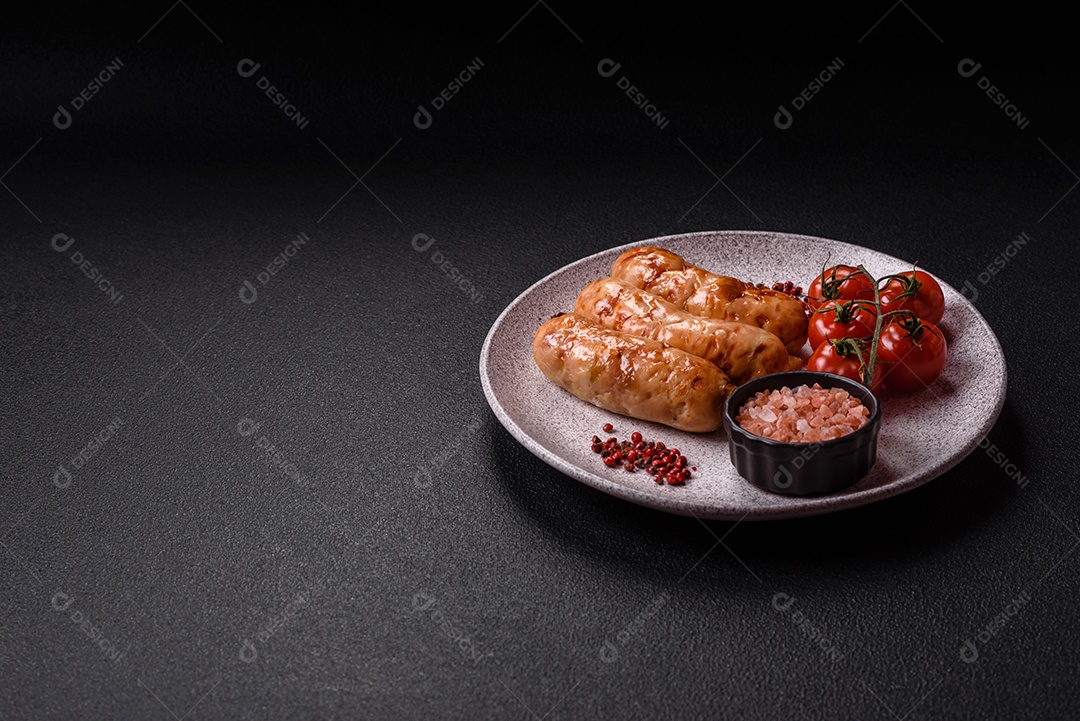 A imagem mostra salsichas grelhadas, possivelmente do tipo bratwurst, que são salsichas alemãs