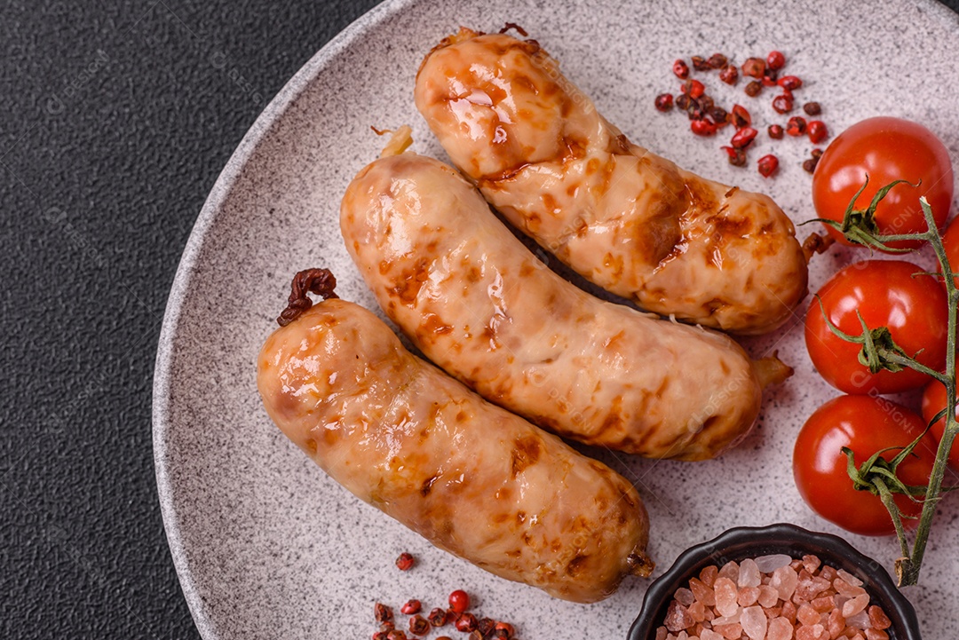 A imagem mostra salsichas grelhadas, possivelmente do tipo bratwurst, que são salsichas alemãs