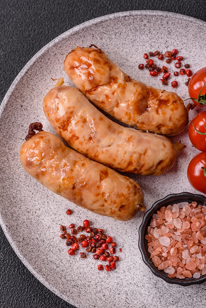 A imagem mostra salsichas grelhadas, possivelmente do tipo bratwurst, que são salsichas alemãs