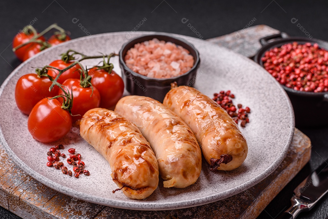 A imagem mostra salsichas grelhadas, possivelmente do tipo bratwurst, que são salsichas alemãs