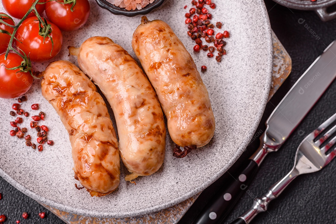 A imagem mostra salsichas grelhadas, possivelmente do tipo bratwurst, que são salsichas alemãs