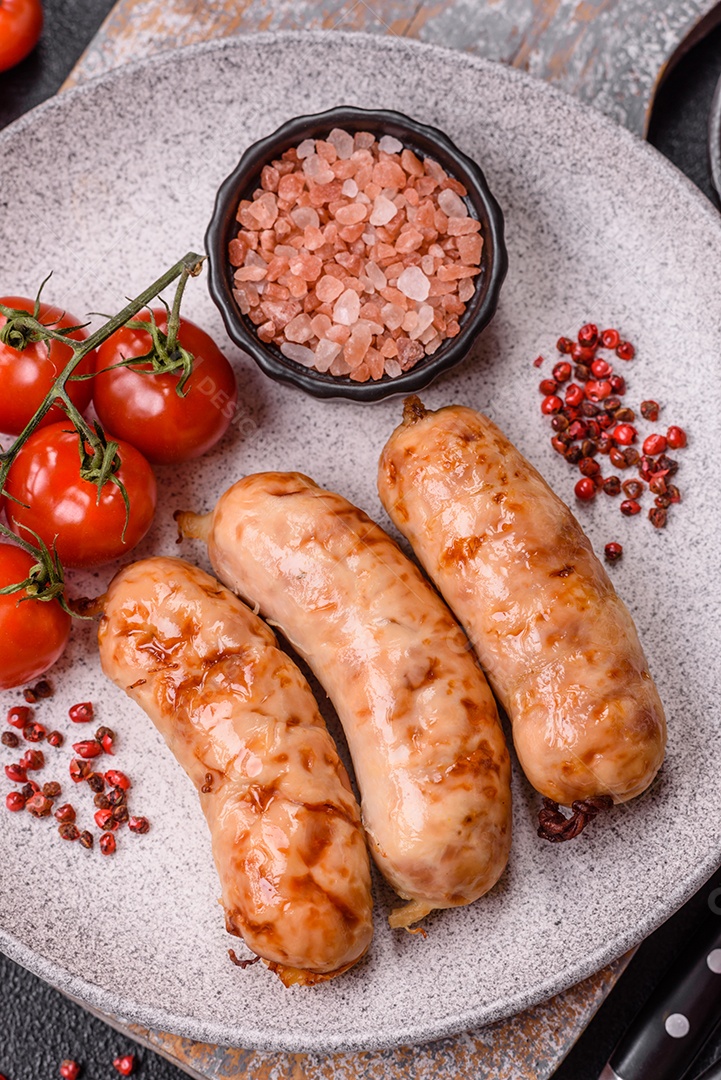 A imagem mostra salsichas grelhadas, possivelmente do tipo bratwurst, que são salsichas alemãs