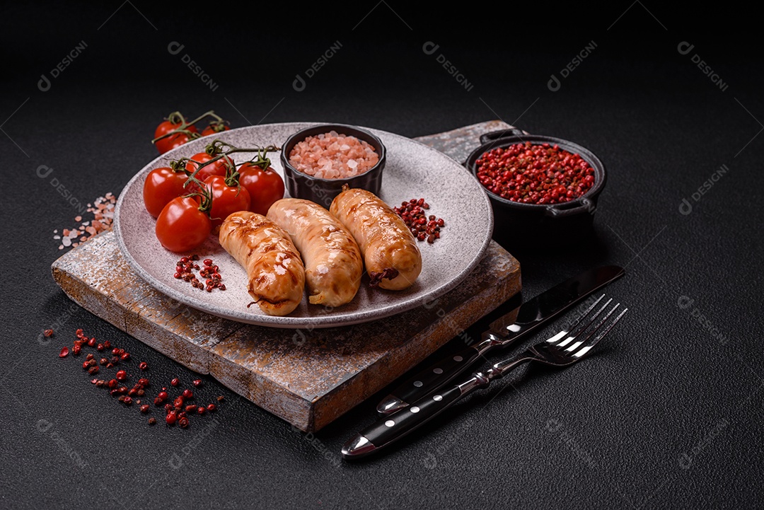 A imagem mostra salsichas grelhadas, possivelmente do tipo bratwurst, que são salsichas alemãs