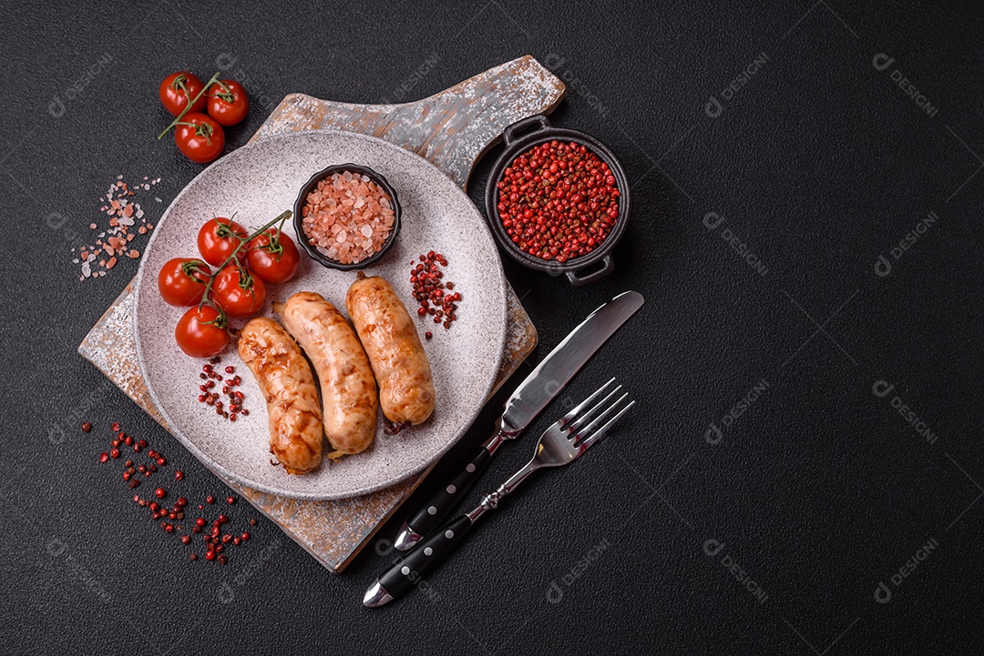 A imagem mostra salsichas grelhadas, possivelmente do tipo bratwurst, que são salsichas alemãs