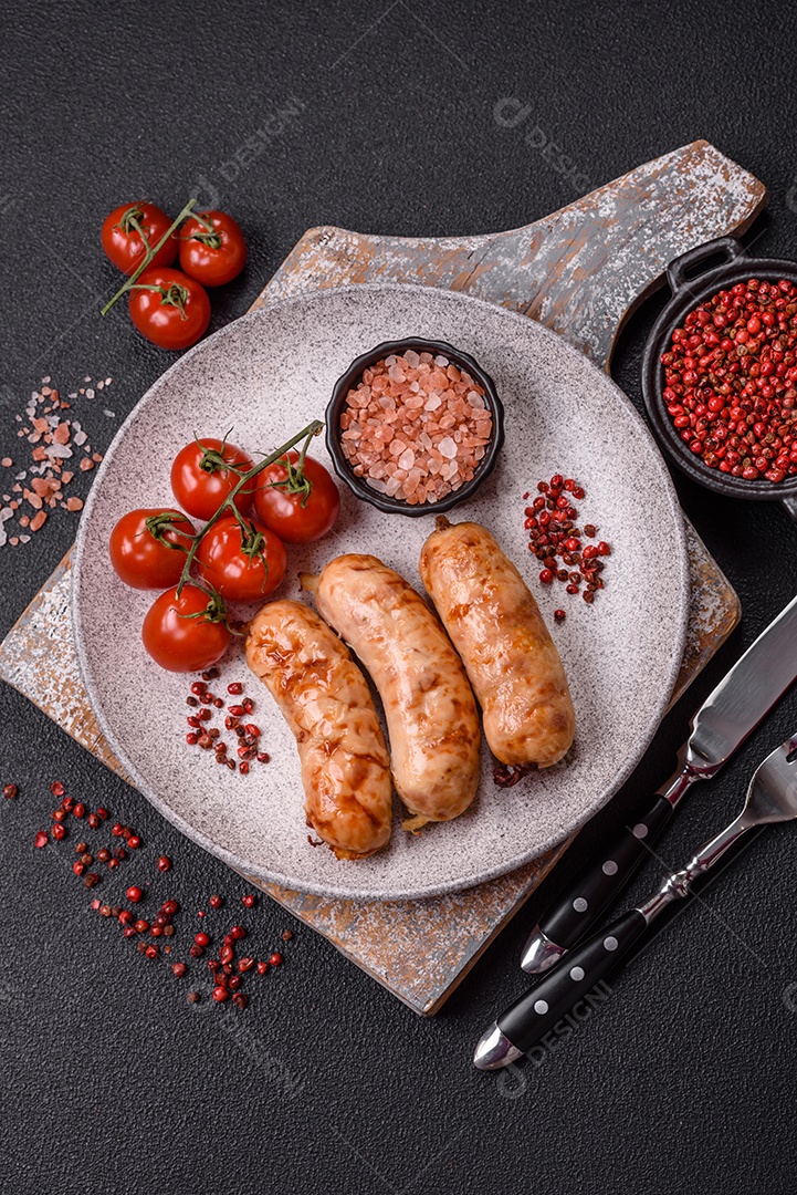 A imagem mostra sobrecoxa de frango assada, acompanhada de tomate cereja em rama e sal grosso.