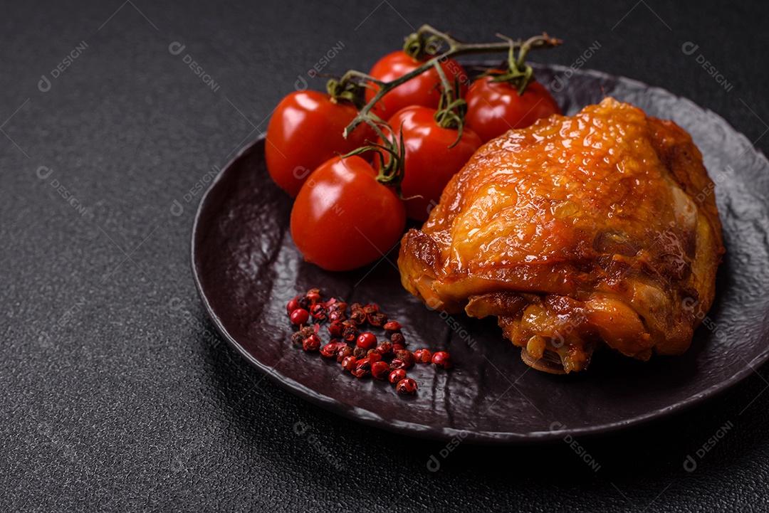 A imagem mostra sobrecoxa de frango assada, acompanhada de tomate cereja em rama e sal grosso.