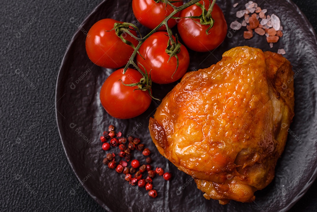 A imagem mostra sobrecoxa de frango assada, acompanhada de tomate cereja em rama e sal grosso.