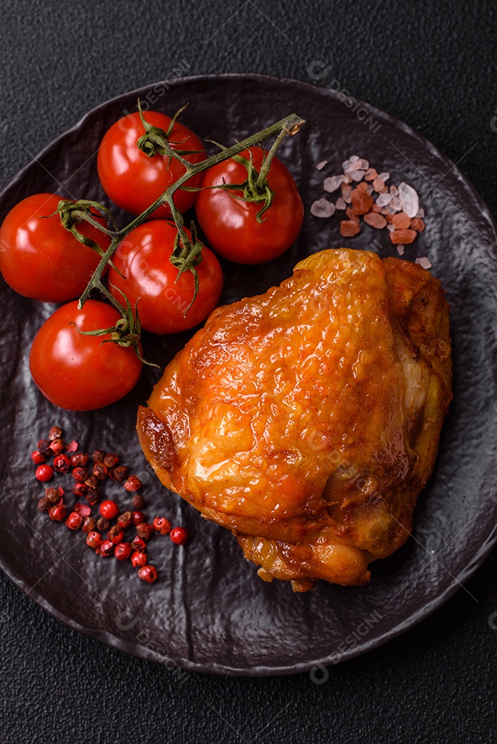 A imagem mostra sobrecoxa de frango assada, acompanhada de tomate cereja em rama e sal grosso.