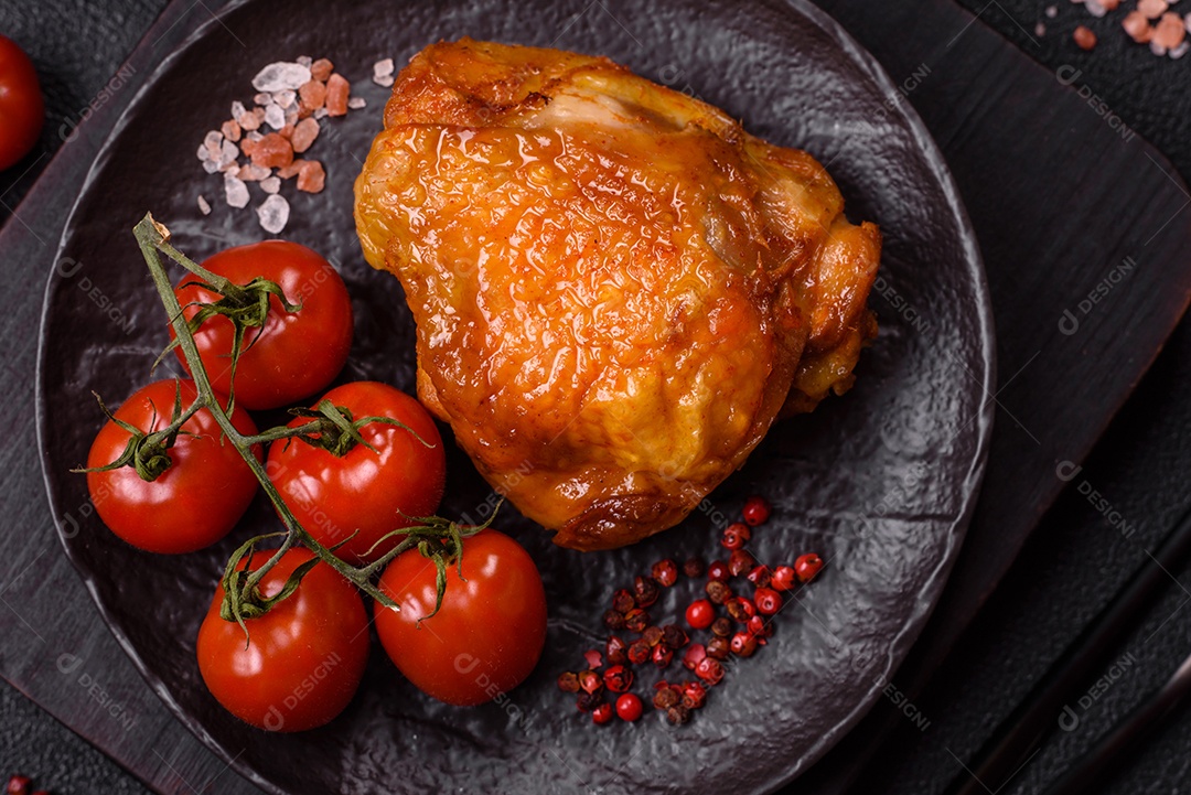 A imagem mostra sobrecoxa de frango assada, acompanhada de tomate cereja em rama e sal grosso.
