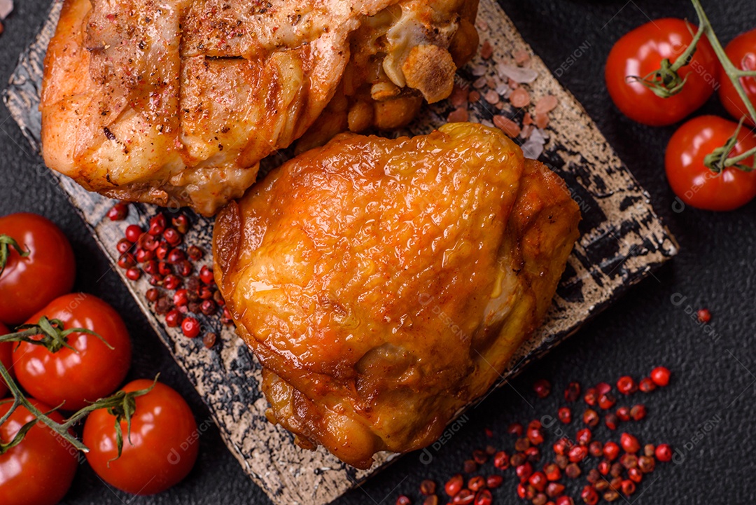 A imagem mostra sobrecoxa de frango assada, acompanhada de tomate cereja em rama e sal grosso.