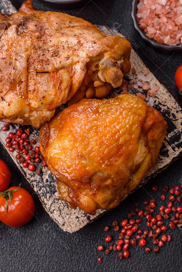 A imagem mostra sobrecoxa de frango assada, acompanhada de tomate cereja em rama e sal grosso.