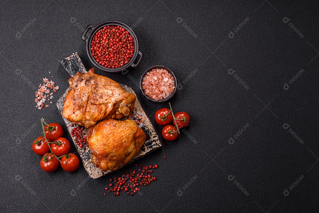 A imagem mostra sobrecoxa de frango assada, acompanhada de tomate cereja em rama e sal grosso.