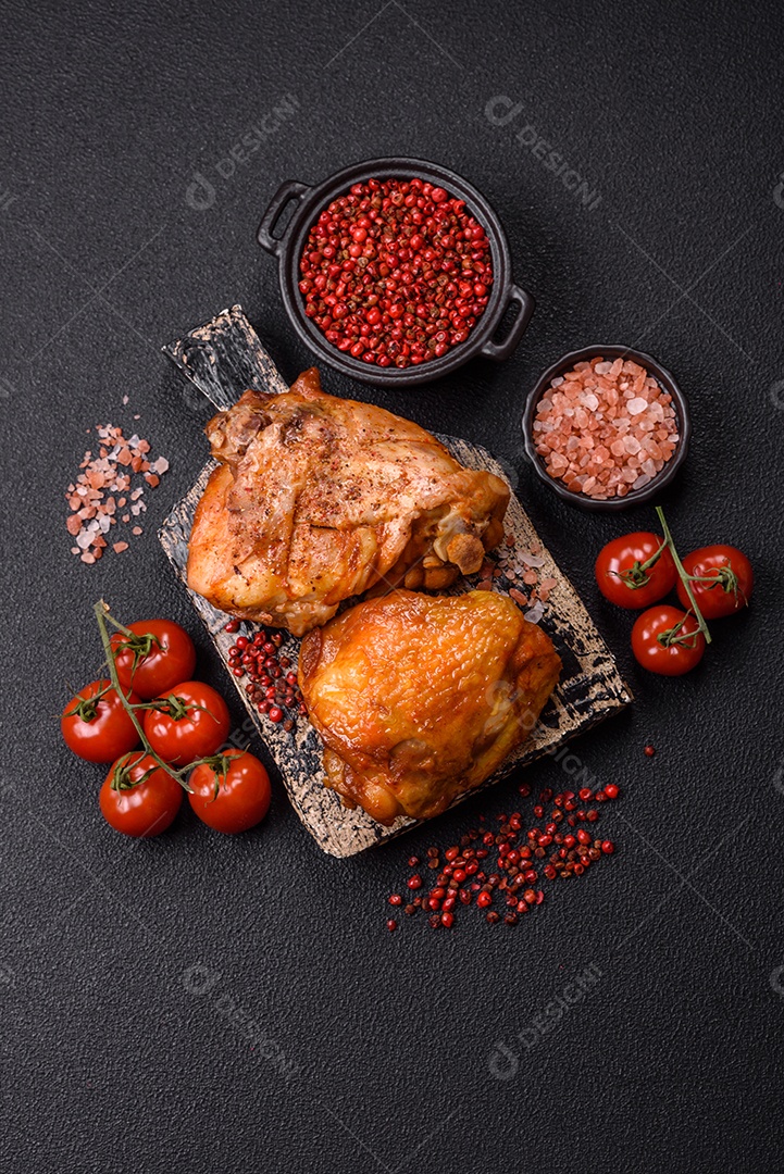 A imagem mostra sobrecoxa de frango assada, acompanhada de tomate cereja em rama e sal grosso.
