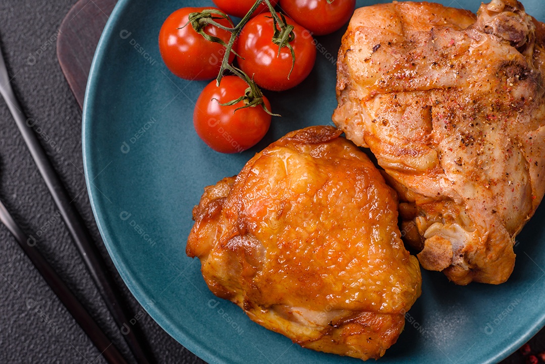 A imagem mostra sobrecoxa de frango assada, acompanhada de tomate cereja em rama e sal grosso.