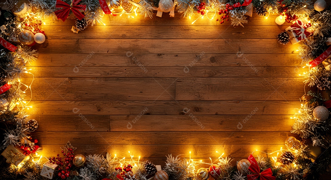 Cenário de Natal iluminado com enfeites.