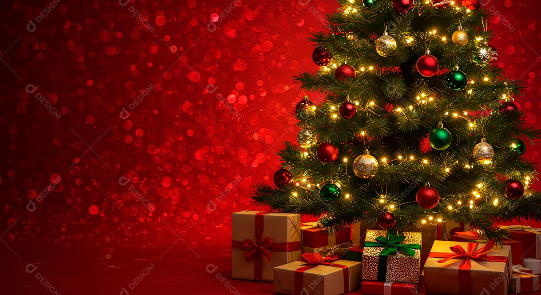 Cenário de Natal iluminado com enfeites.