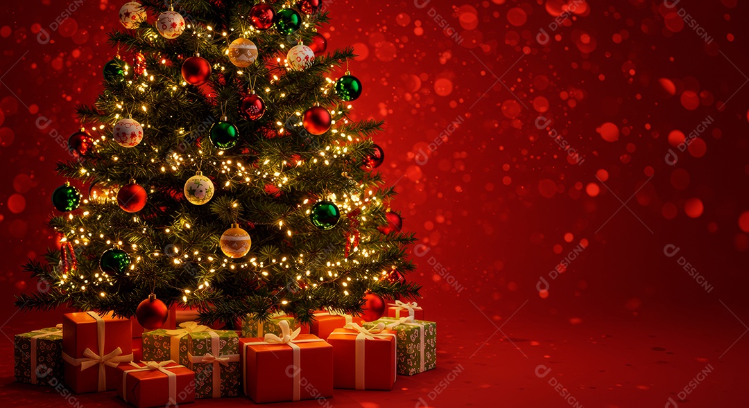 Cenário de Natal iluminado com enfeites.