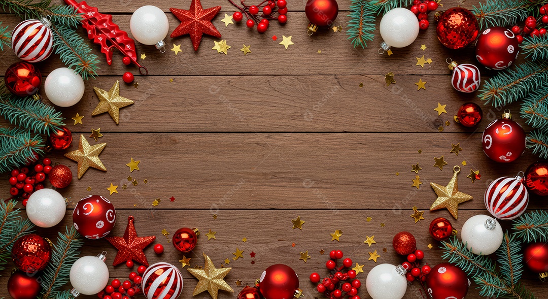 Cenário de Natal iluminado com enfeites.