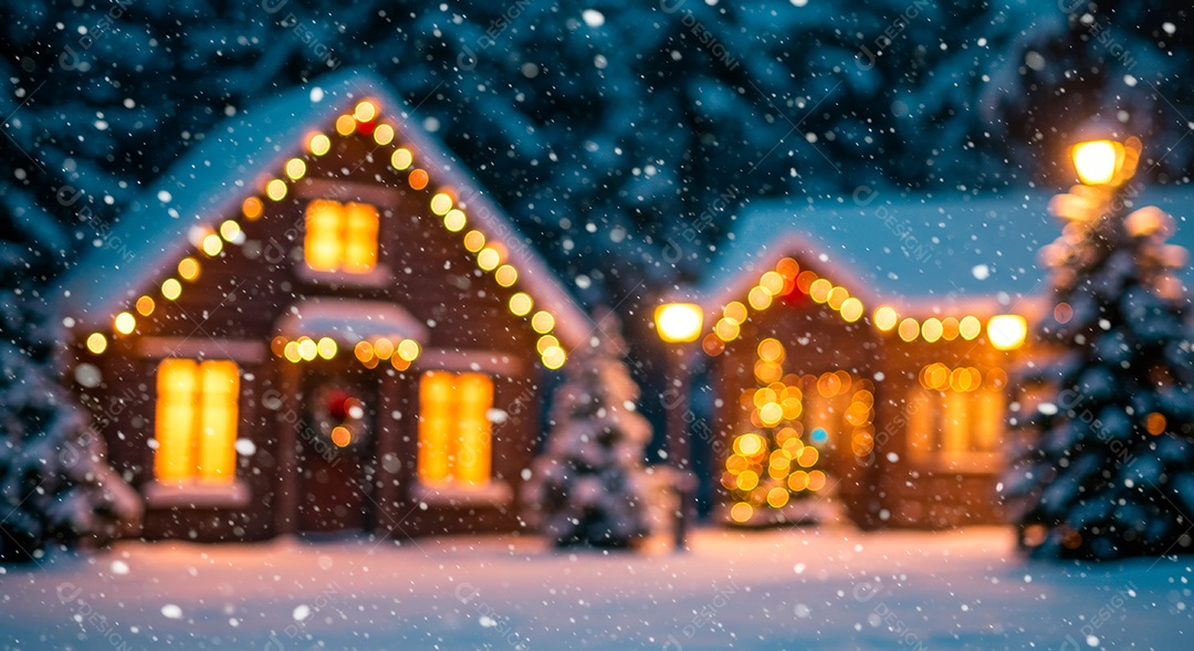 Cenário de Natal iluminado com enfeites.