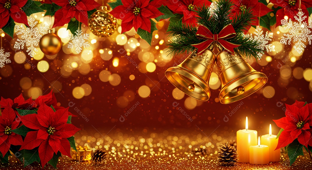 Cenário de Natal iluminado com enfeites.