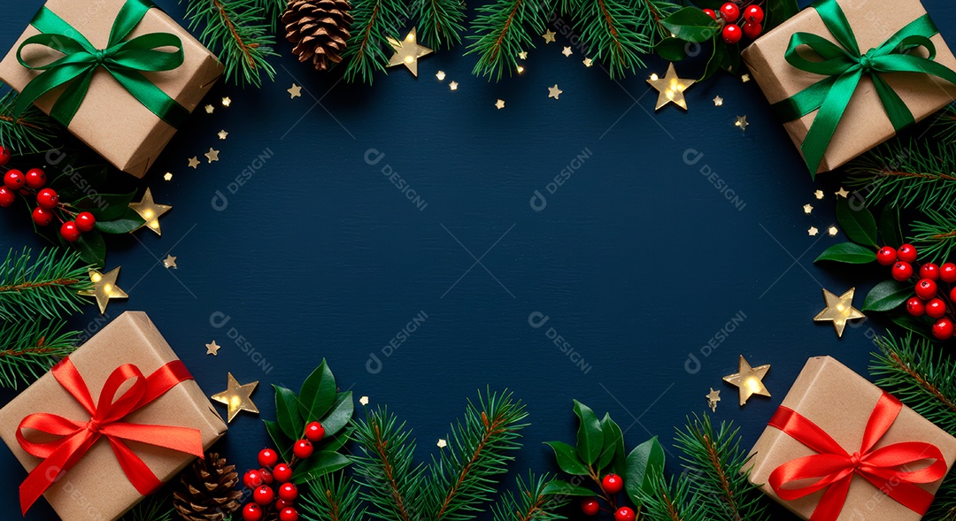 Cenário de Natal iluminado com enfeites.