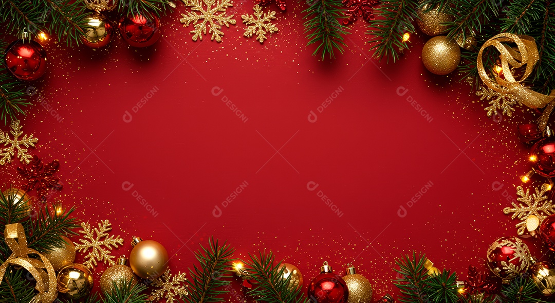 Cenário de Natal iluminado com enfeites.