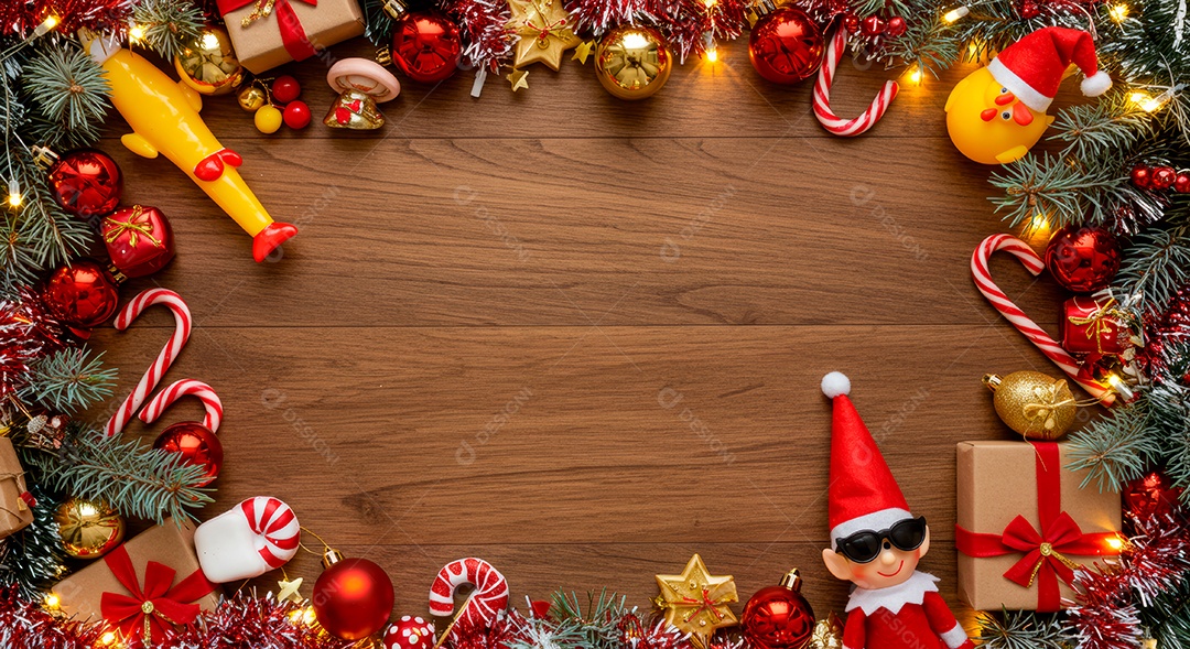 Cenário de Natal iluminado com enfeites.