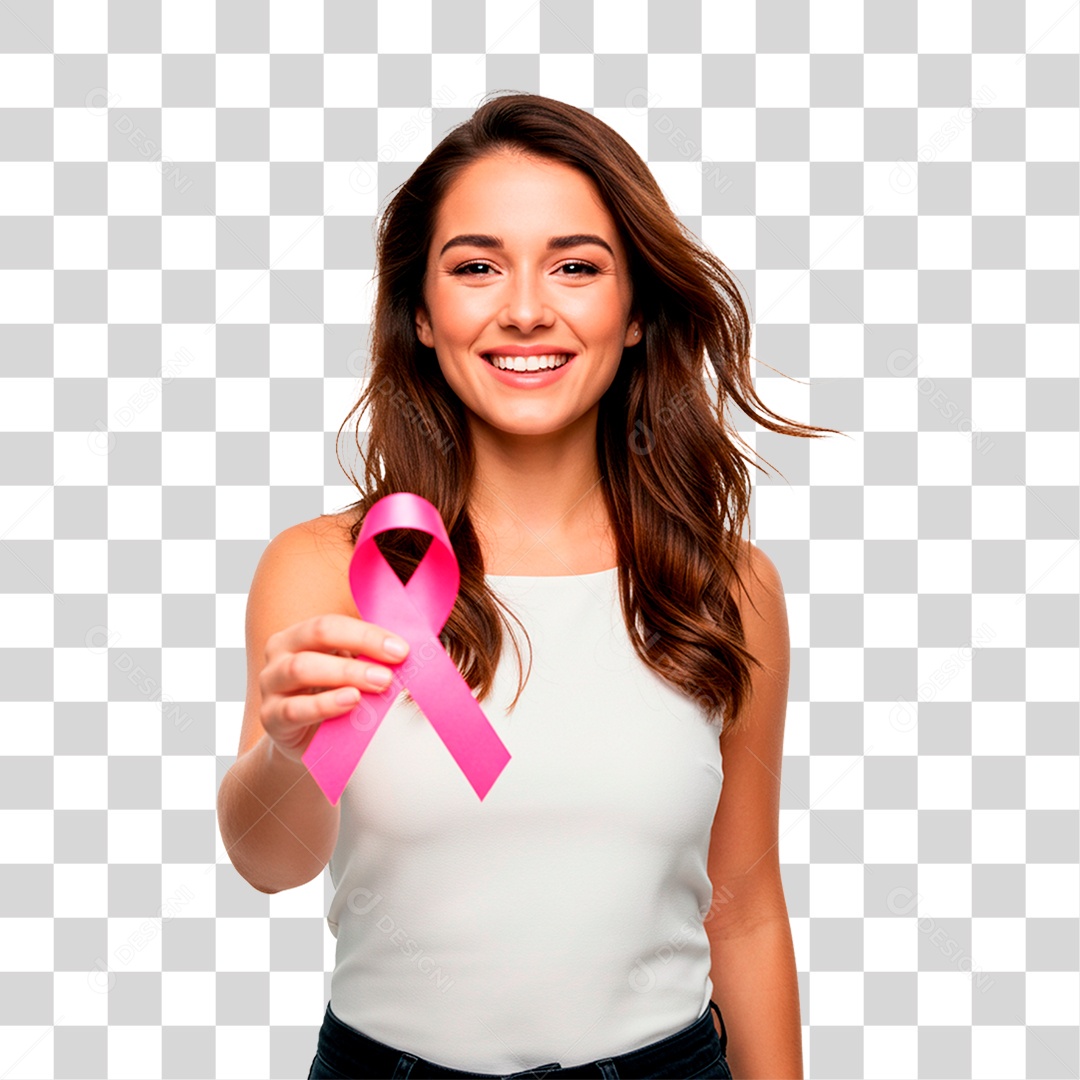 Mulher Segurando Laço Rosa Outubro Rosa PNG Transparente