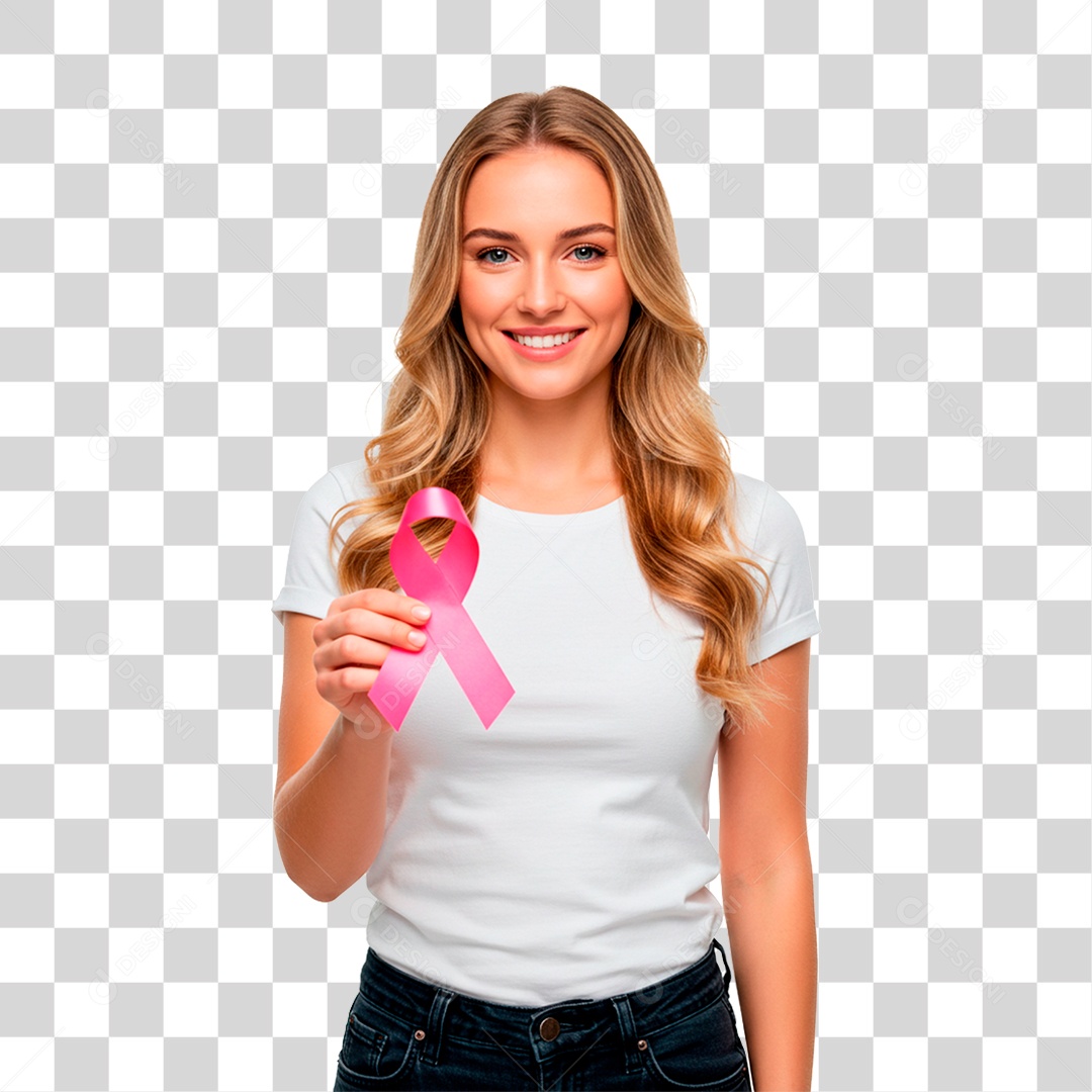 Mulher Segurando Laço Rosa Outubro Rosa PNG Transparente