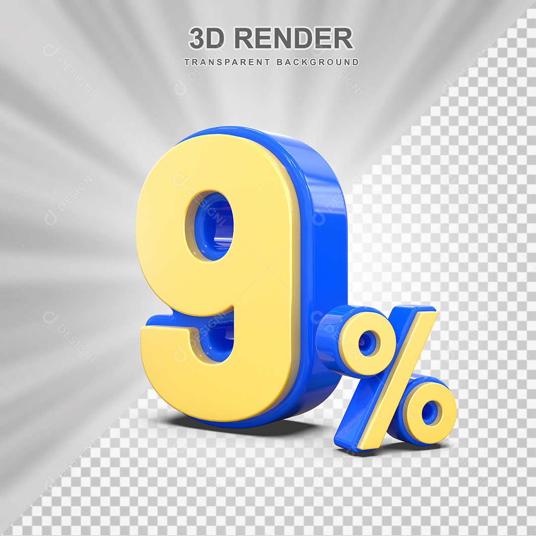 Número de Desconto 9% Elemento 3D Amarelo E Azul para Composição PSD