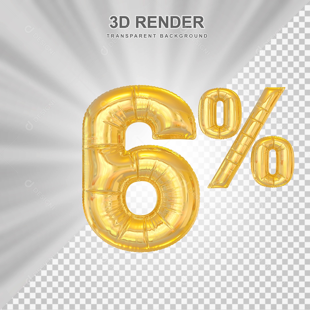 Número de Desconto 6% Elemento 3D Dourado para Composição PSD