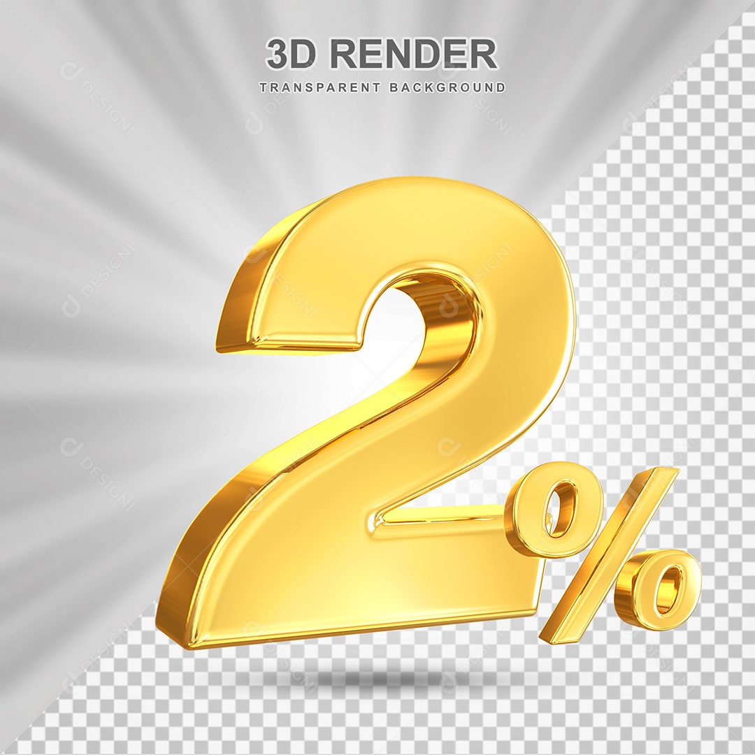 Número de Desconto 2% Elemento 3D Dourado para Composição PSD