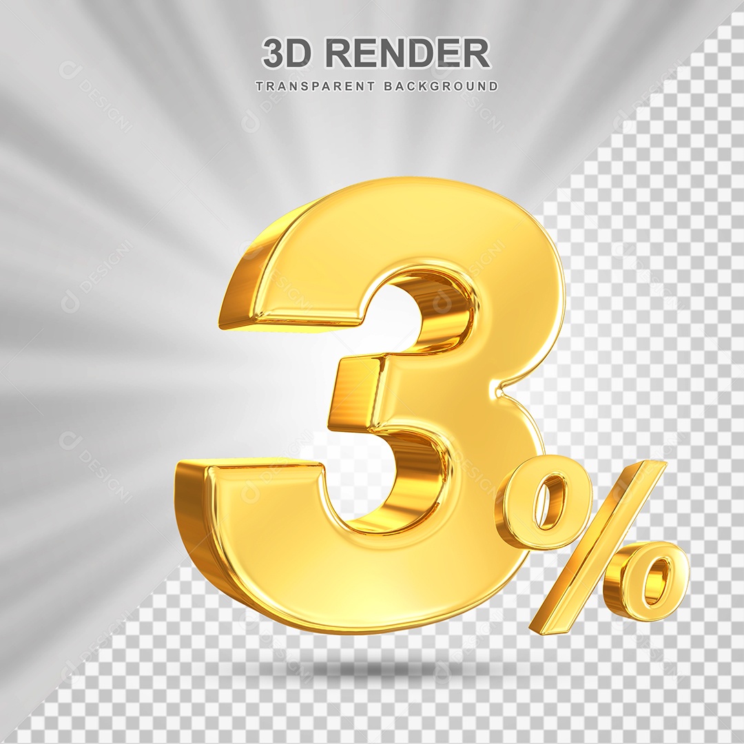Número de Desconto 3% Elemento 3D Dourado para Composição PSD