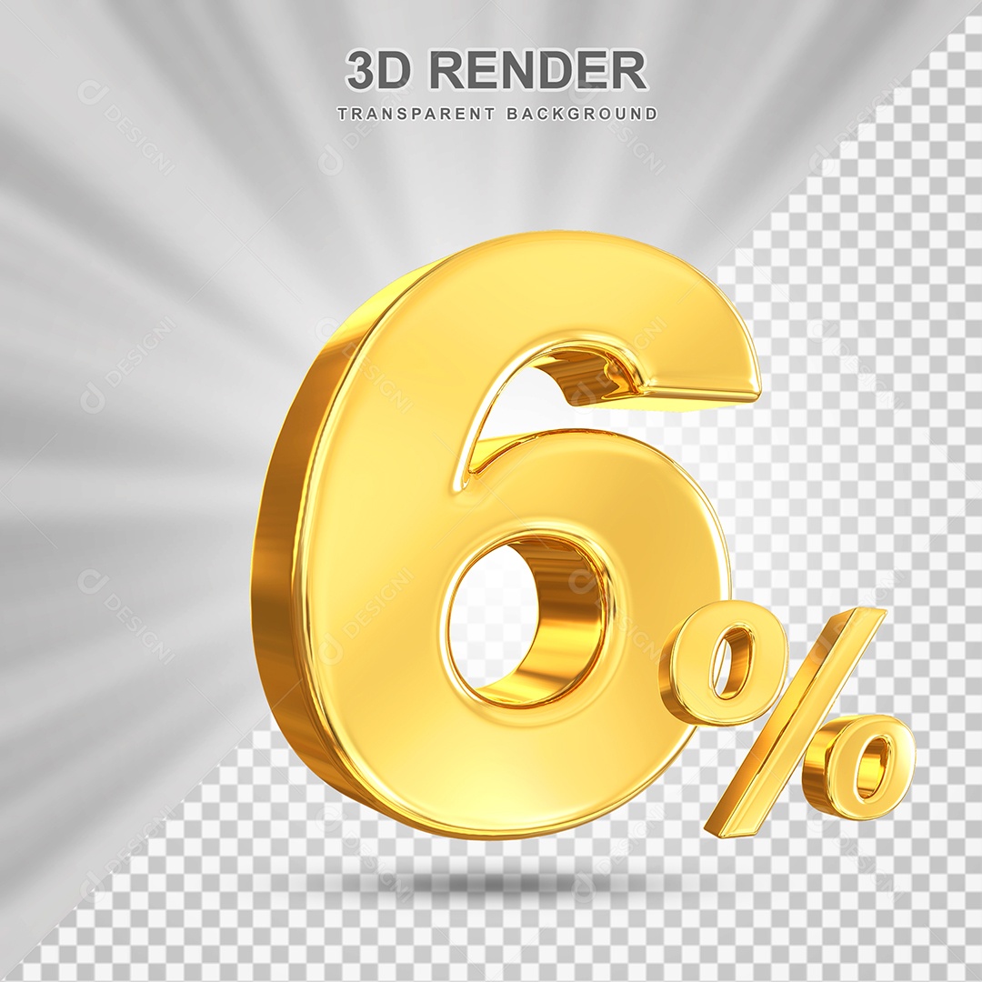 Número de Desconto 6% Elemento 3D Dourado para Composição PSD