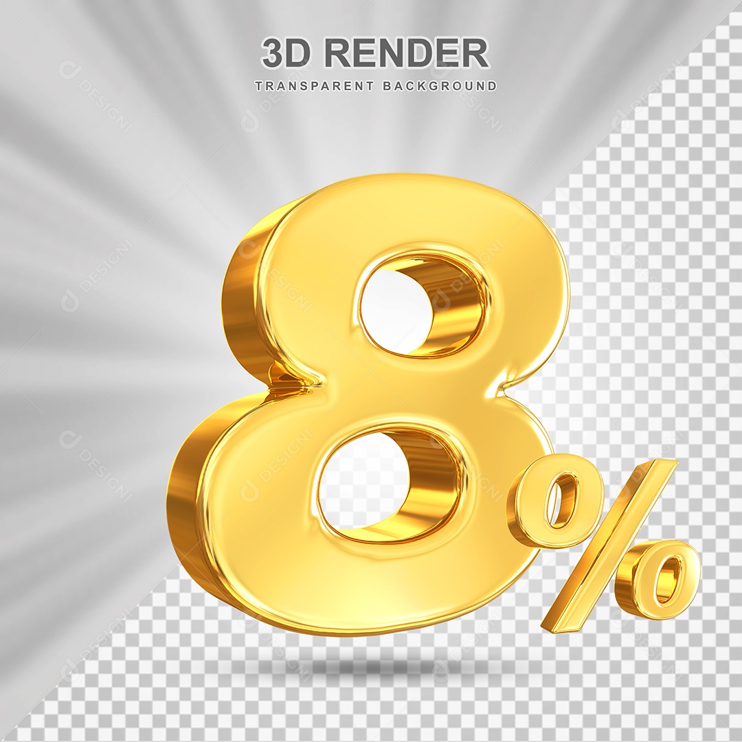 Número de Desconto 8% Elemento 3D Dourado para Composição PSD