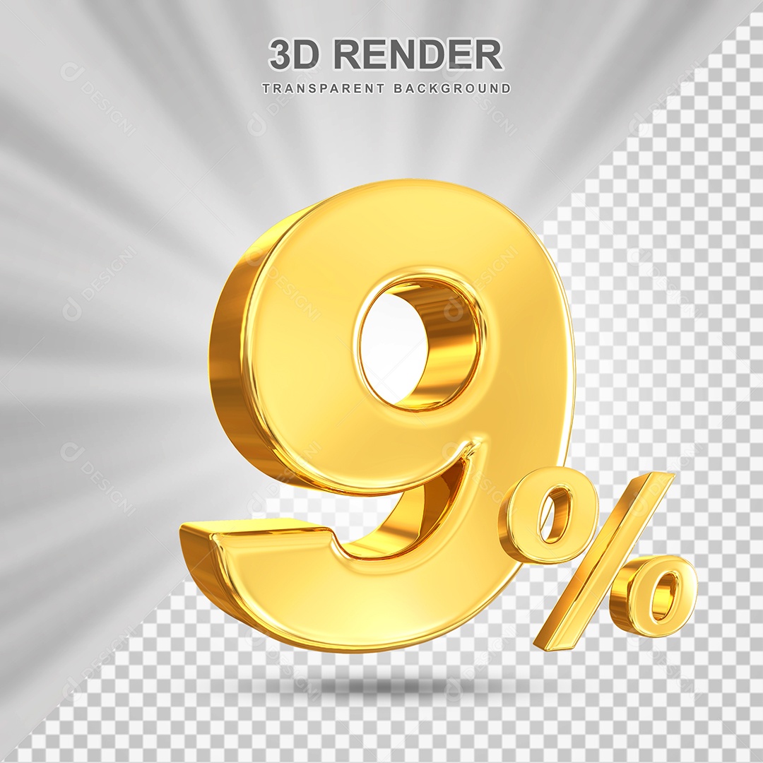 Número de Desconto 9% Elemento 3D Dourado para Composição PSD
